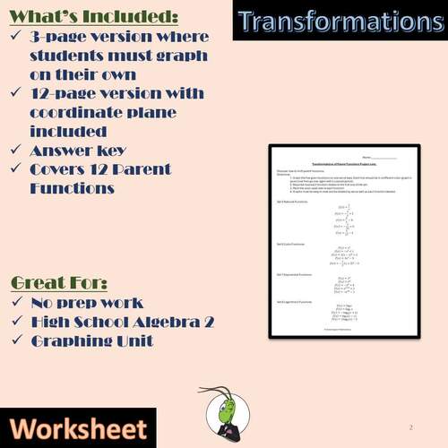 Graphing Parent Functions with Transformations Worksheet Algebra 2