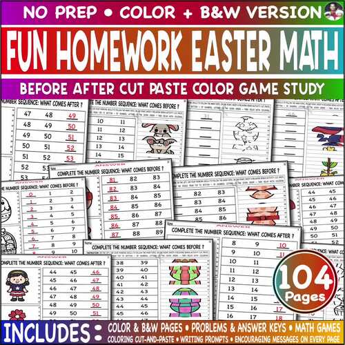 Fun Homework Easter Before After Math Cut Paste Color Game Mystery Picture Study