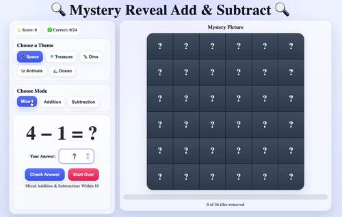 Mystery Reveal Math Game | Addition & Subtraction Within 10 | Self-Checking