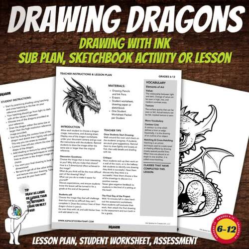 Drawing Dragons Worksheet Packet, Art Sub Plan, Middle or High School Art