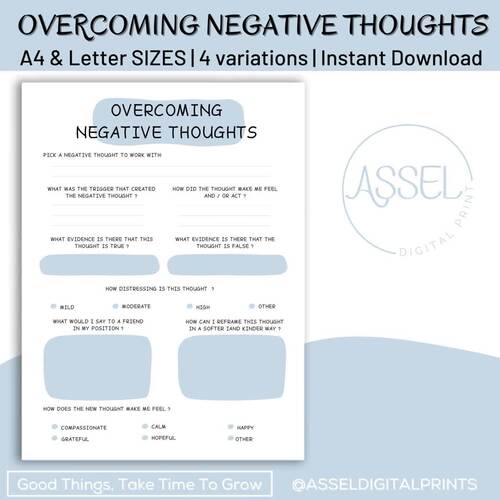 Challenging Negative Thoughts CBT Printable Worksheet, therapy tools,