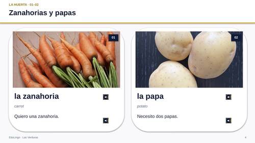 Spanish Vegetables PowerPoint with Audio | Las Verduras | Game & Worksheets