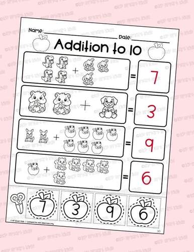 Grade K-1 Fall Apple Picture Addition to 10 Cut and Paste Math Worksheets