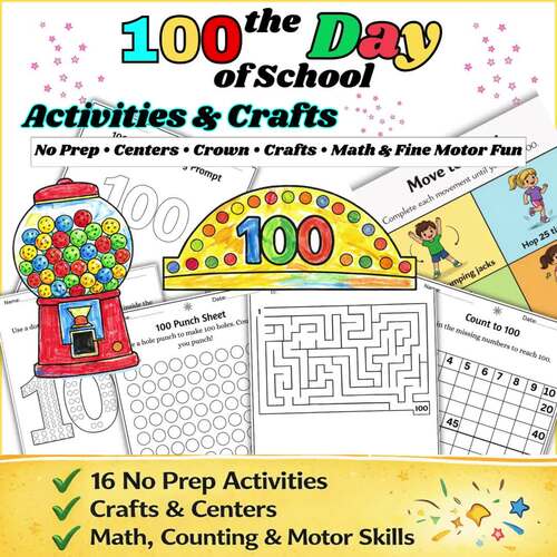 100th Day of School Activities & Crafts | Crown, Gumball, Math Centers