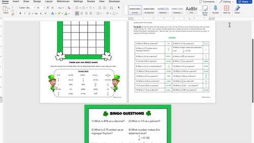 St Patricks Day Math Activity Converting Rational Numbers Bingo Review Game