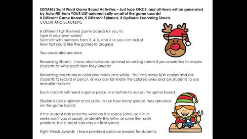Christmas Sight Words Game Boards - Editable! Set 1 -For Words, Letters