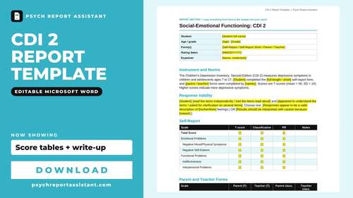 CDI 2 Report Template | Children's Depression Inventory Write-Up | Word