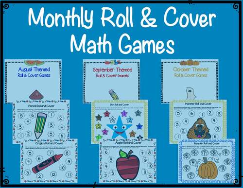 Year Long Monthly Roll & Cover Number Recognition & Addition Math Games