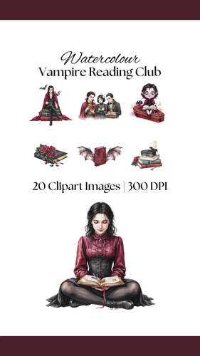 20 Vampire Reading Club Clipart Bundle, Watercolor Gothic Book PNG ...