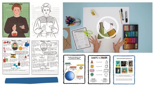 Preview of Marie Curie Beginner Art Craft Lesson, Cute Fact Sheet, Printables, More!
