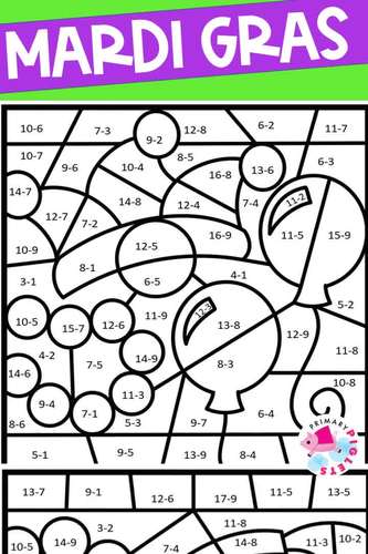 MARDI GRAS MATH COLOR BY NUMBER CODE ADDITION SUBTRACTION ...