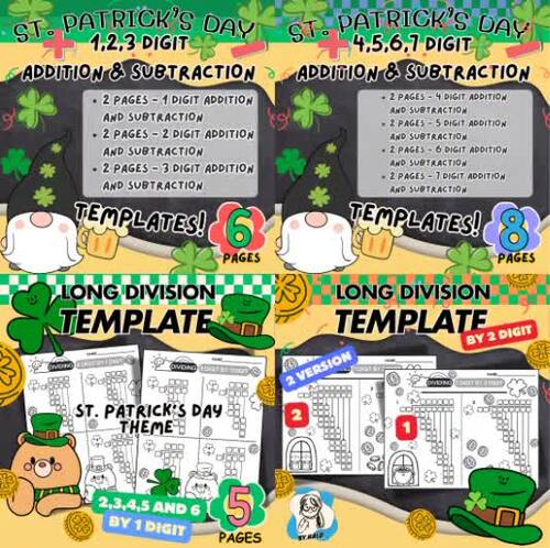 BUNDLE! St. Patrick’s Day Math Template - Addition, Subtraction & Division