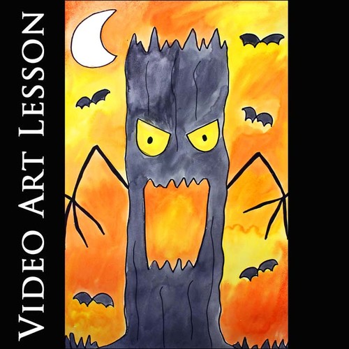Preview of SPOOKY TREE Art Project | EASY HALLOWEEN Directed Drawing & Painting Lesson