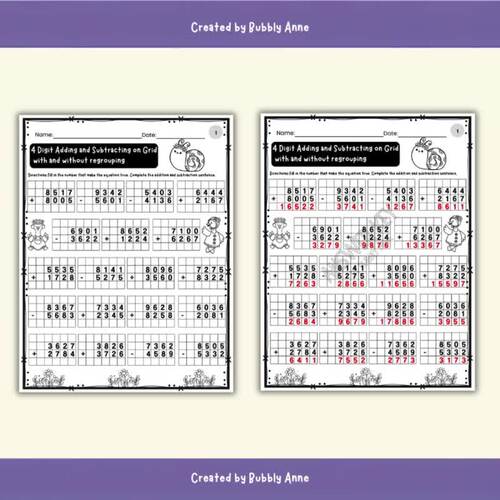 Spring 4 Digit Addition & Subtraction on Grids | with Regrouping Worksheets