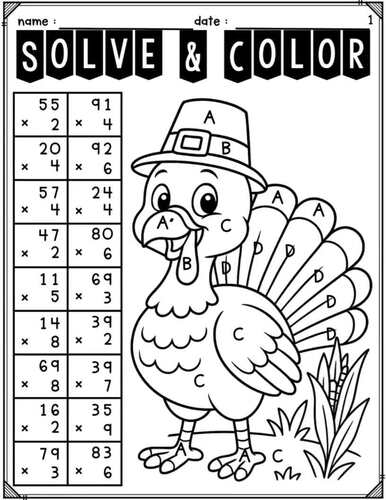 Turkey Multiplication Color by Number | Fall Math Practice & Coloring Fun