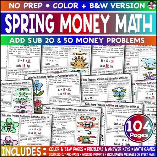 Spring Money Problem Add Sub 20, 50 Mystery Cut Paste Color Game April ...