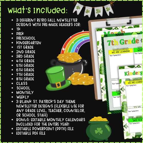 EDITABLE Month & Week March St. Patrick's Day Theme Newsletter Templates