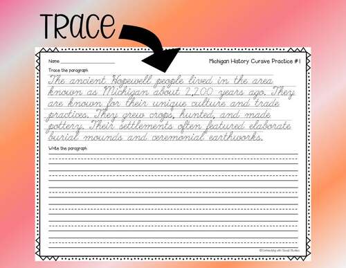 Michigan's History Cursive Practice by Connecting with Social Studies