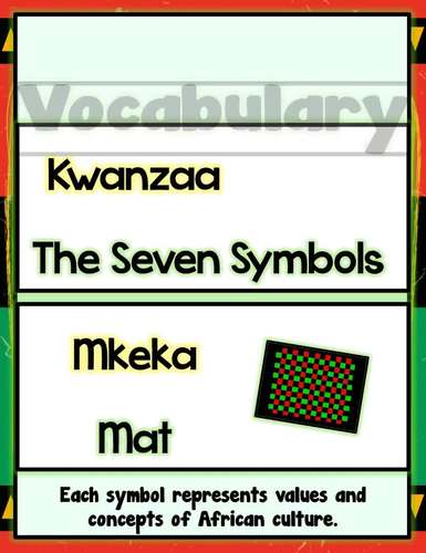 7 symbols Kwanzaa Vocabulary Cards Word Wall Bilingual English Spanish ...