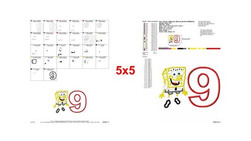 Sponge Bob Birthday Number 9 Applique Design - Instant Download by Aneta H