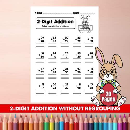 2-Digit Addition Without Regrouping Worksheets | Easter Math Activities |PDF&PNG