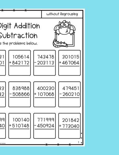 Back to School 6 Digit Addition and Subtraction Without Regrouping ...