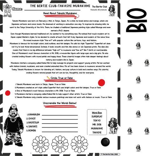 Takashi Murakami Bertie Filler Art Pack | No Prep Print & Go Sub Plan ...