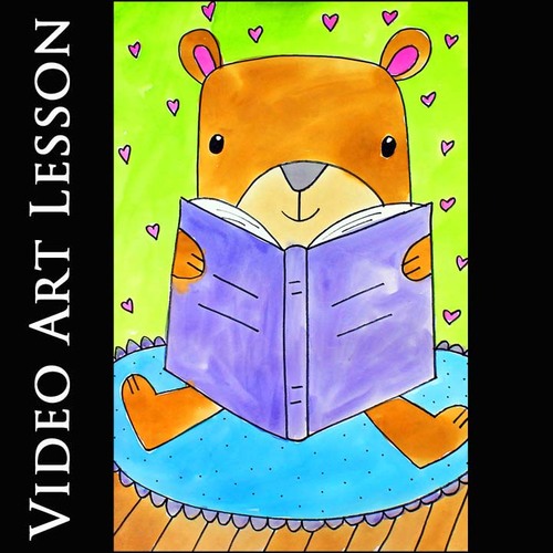 Preview of READING BEAR Art Lesson | BACK TO SCHOOL Directed Drawing & Painting Project