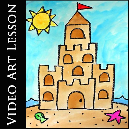 Preview of SAND CASTLE AT THE BEACH Art Lesson | EASY SUMMER Drawing & Painting Art Project