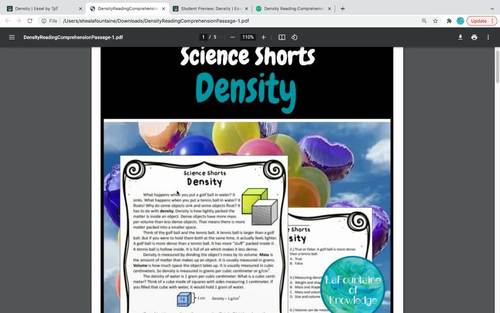 Density Reading Comprehension Passage by LaFountaine of Knowledge