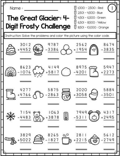 4 Digit Addition and Subtraction to 10,000 Mixed Regrouping - Color by Code