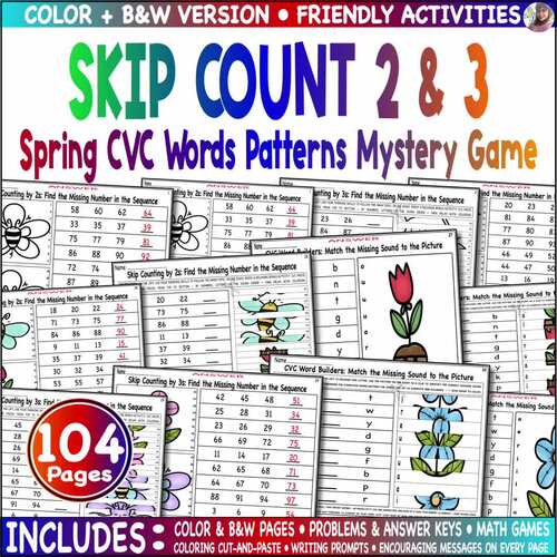 CVC Word Reading Spring Skip Count 2, 3 Patterns Mystery Cut Paste ...