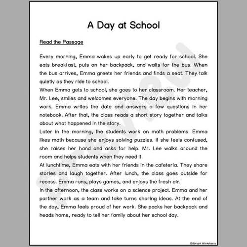 A Day at School Reading Comprehension | Grade 2–3 | No Prep Passage ...
