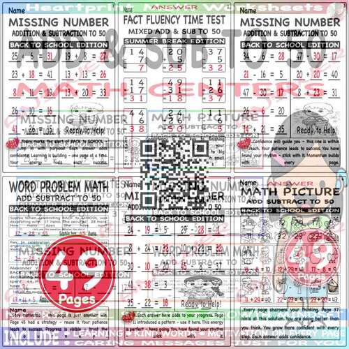 Addition & Subtraction Within 50 Worksheet Games | Math Centers | 1st ...