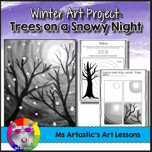 Preview of Winter Art Lesson, Winter Trees on a Snowy Night Art Project for Elementary