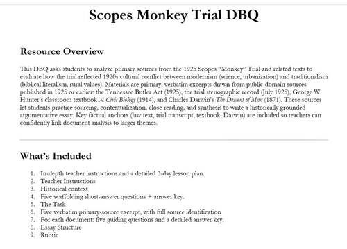 Scopes Monkey Trial DBQ by PBL History & Civics | TPT