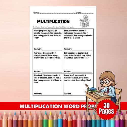 Grade 3 Multiplication Word Problems | School Classroom Math Worksheets PDF