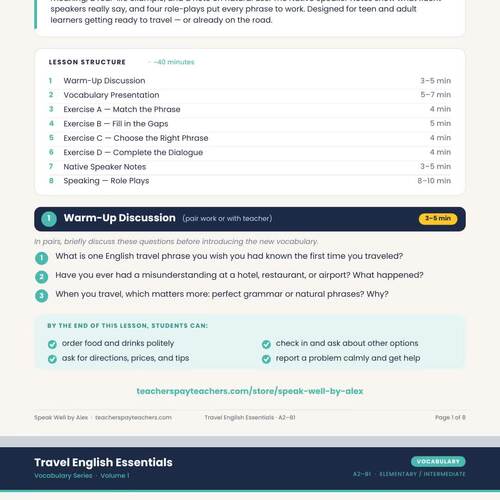 ESL Travel English Vocabulary A2–B1 | 15 Phrases + Role Plays Lesson