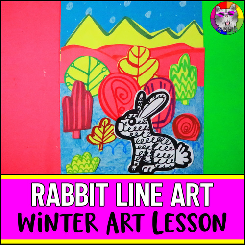 Preview of Winter Art Lesson, Rabbit Line Art Project Activity for Primary or Elementary