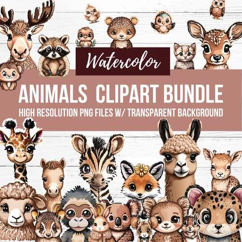 Watercolor Animals Clip Art PNG Files, Safari Farm Woods Forest Baby ...