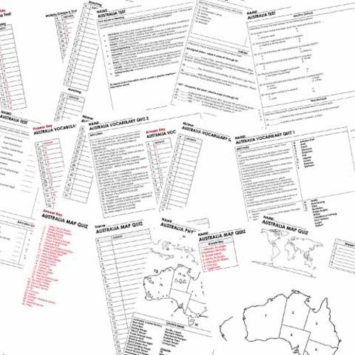 Australia Tests & Vocabulary Quiz, Map Quizzes Geography Assessment
