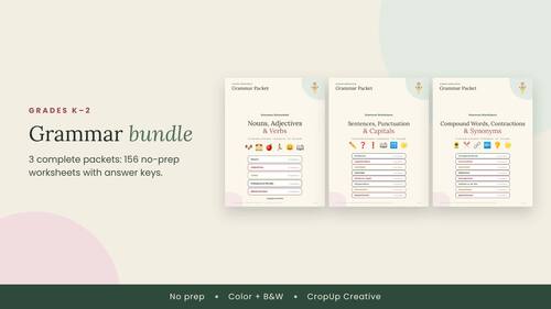 Grammar Worksheets Bundle K-2: Nouns, Verbs, Punctuation, Contractions ...