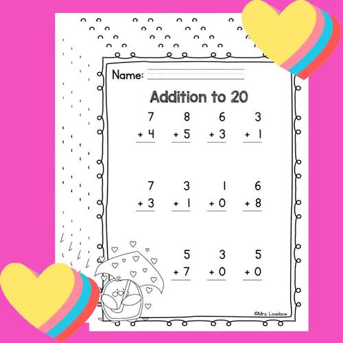 Valentine's Day Single Digit Addition Worksheets by Mrs Lovelace