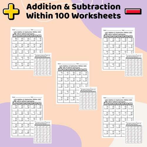 Addition and Subtraction Within 100 Worksheets | Mixed Practice With & Without