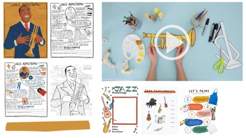 Preview of Louis Armstrong Advanced Art Craft Lesson, Cute Fact Sheet, Printables, More!