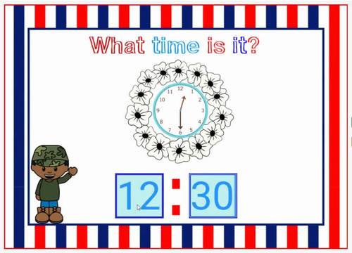 Veterans Day Math Telling Time Boom Cards Time To The Hour and Half Hour