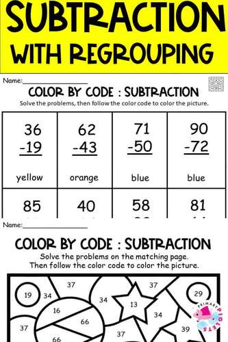 2 Digit Subtraction with Regrouping Color By Code SPACE Color by Number