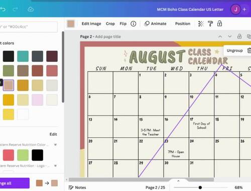 Class Calendar Template | MidCentury Modern | Boho | Customizable Calendar