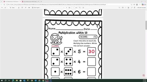 Dice Multiplication Worksheets | Multiplication within 50 Math Practice