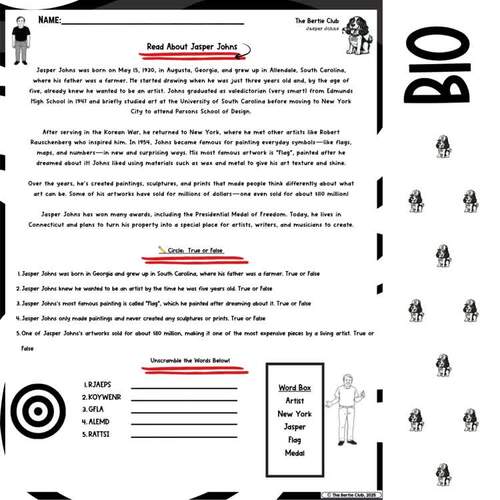 Jasper Johns Bertie Filler Art Pack | No Prep Print & Go Sub Plan ...